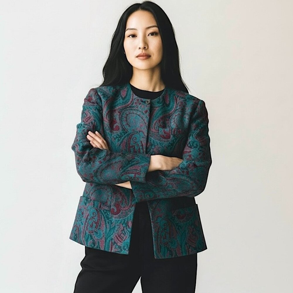 Vintage CARLISLE Paisley Wool Blazer Jacket 10 Teal Blue